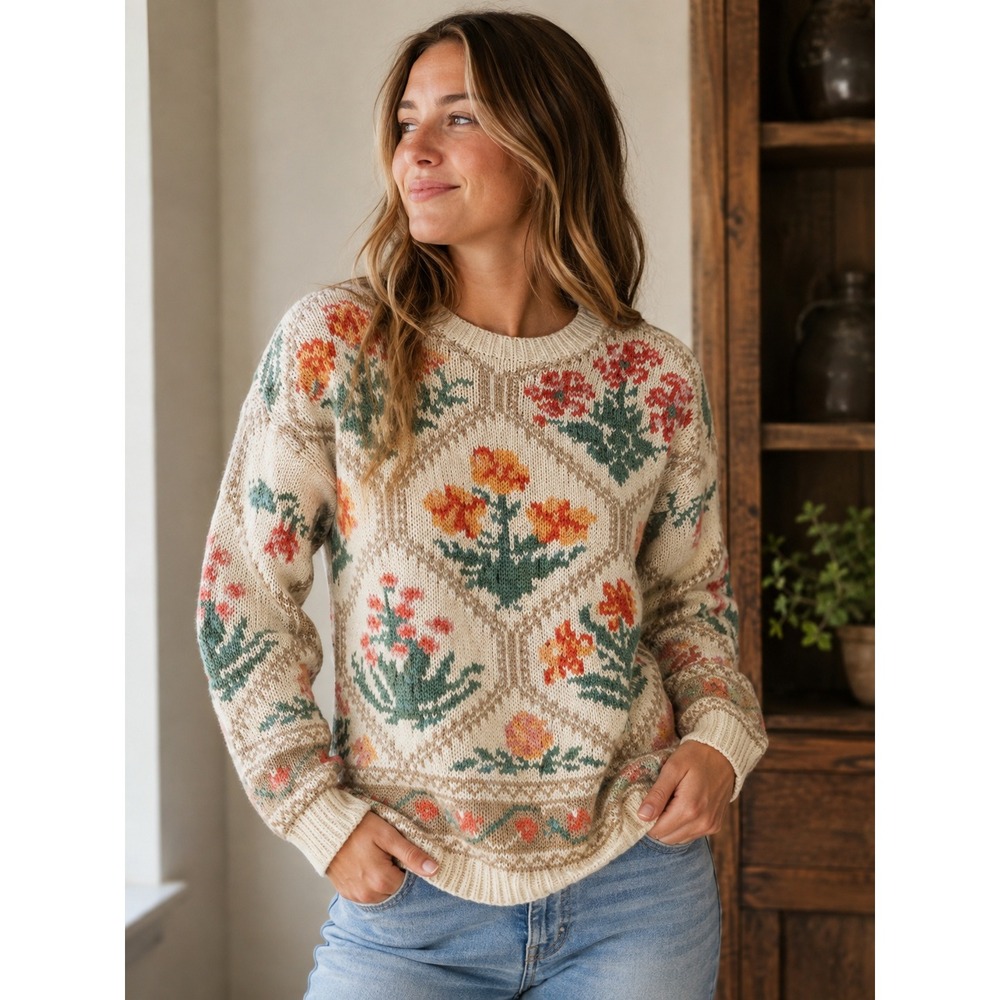 Vintage Hunter's Run Floral Garden Sweater Cotton Blend Cottagecore Grandpa Core